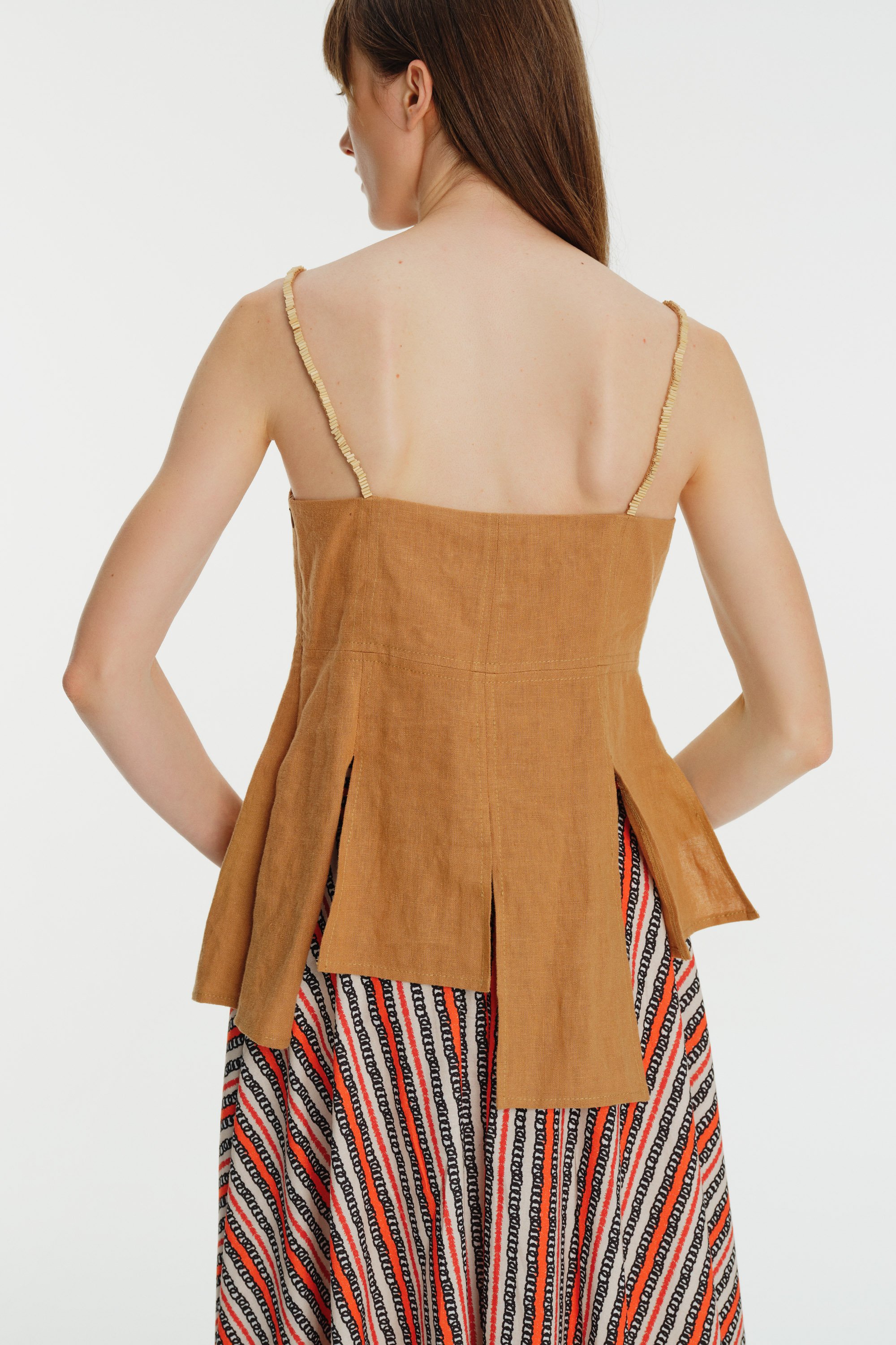 Strappy Embroidered Asymmetric Linen Blouse