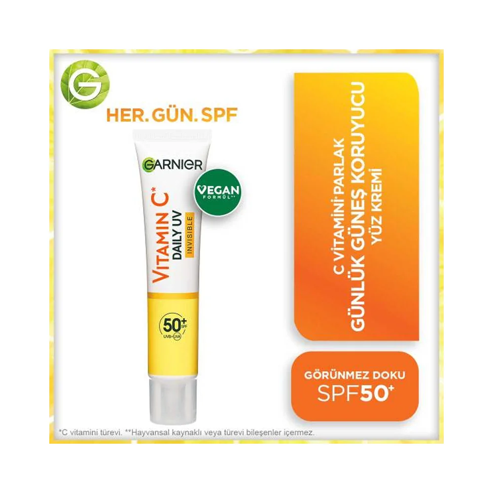 Garnier C Vitamini Parlak Günlük UV Korumalı Güneş Yüz Kremi Görünmez Doku SPF50+ 40ml