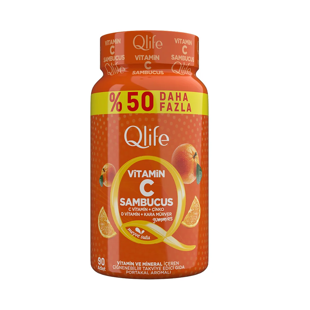 Qlife Vitamin C Sambucus Gummies C Vitamin + Çinko+ D Vitamini + Kara Müver İçeren Gummies 90 Adet