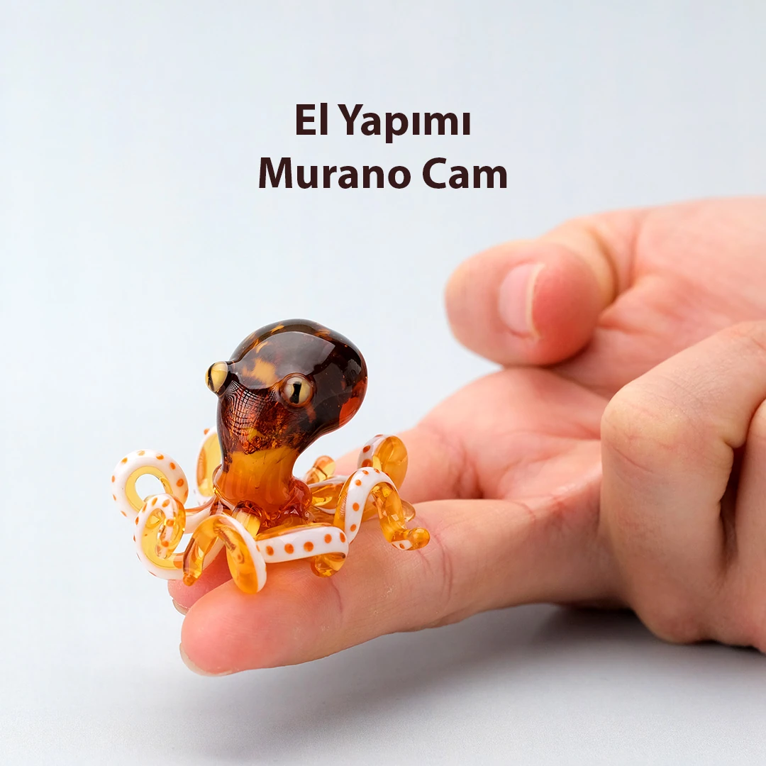 Amber Renk El Yapımı Cam Biblo | Alevde Şekillendirilmiş Minyatür Ahtapot