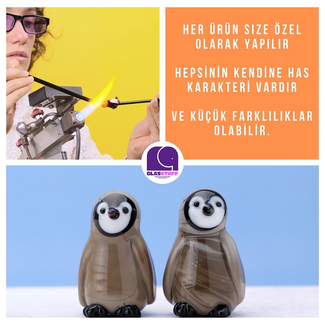 Cam Bebek Penguen Heykel – El Yapımı Alevde Cam Tekniği ile Kişiye Özel Yazılabilir 3D Baskı Kaideli Biblo