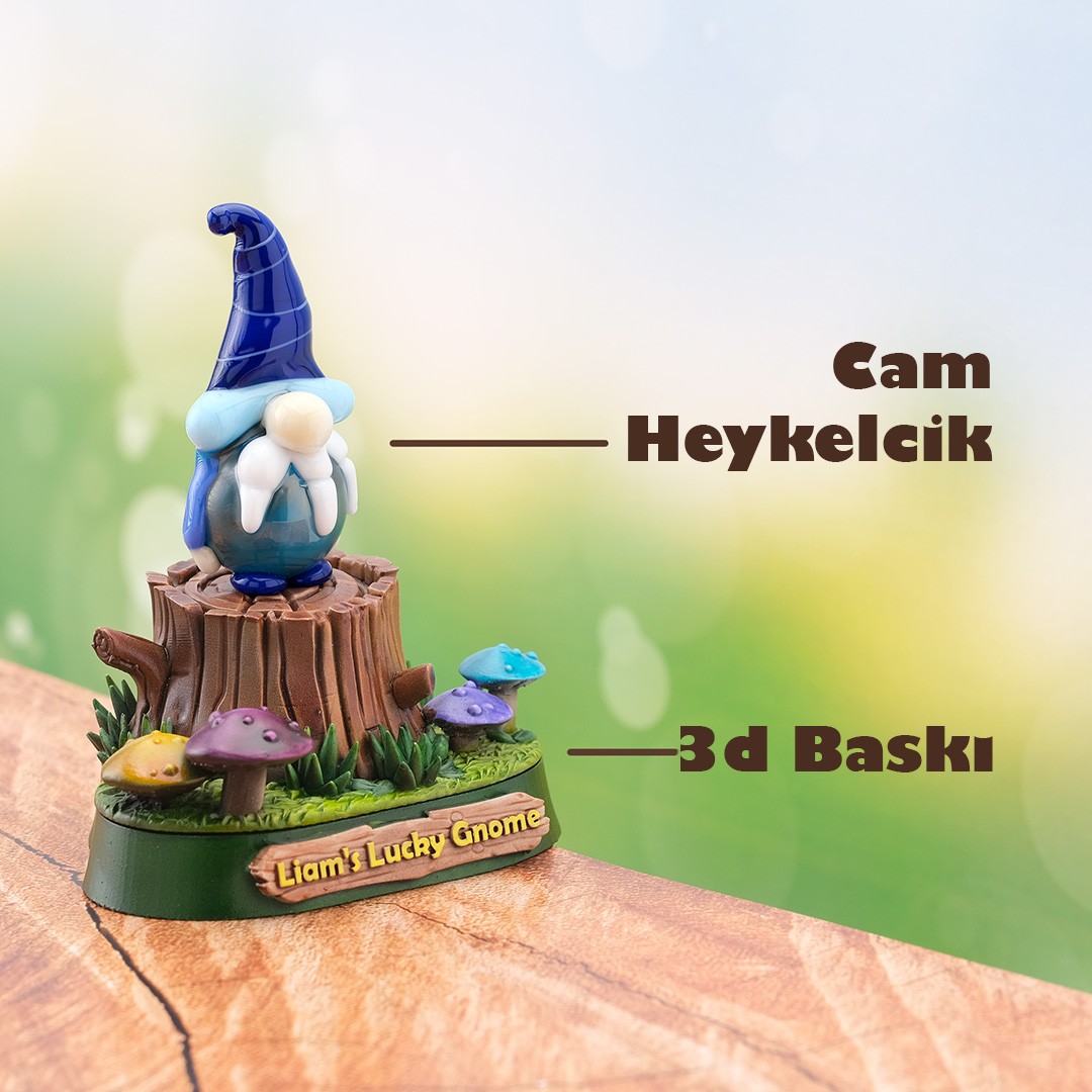 Cam Gnome (Cüce) Biblo – El Yapımı Lacivert Şapkalı, Orman Temalı Kişiye Özel 3D Baskı Kaideli