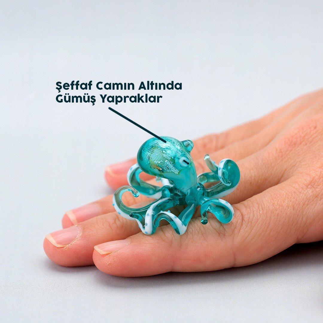 Turkuaz Cam Ahtapot | Şeffaf Cam Altında Gümüş Yapraklı El Yapımı Dekoratif Obje