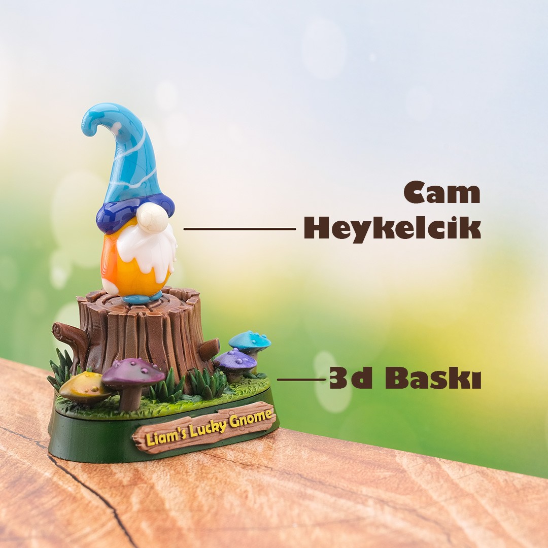 Cam Gnome (Cüce) Biblo – El Yapımı Turkuaz Şapkalı, Kütük ve Mantar Detaylı Kişiye Özel Orman Temalı Kaideli