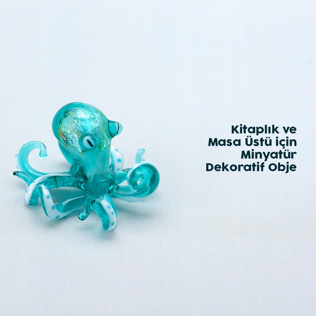 Turkuaz Cam Ahtapot | Şeffaf Cam Altında Gümüş Yapraklı El Yapımı Dekoratif Obje