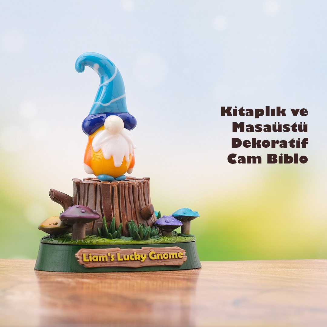 Cam Gnome (Cüce) Biblo – El Yapımı Turkuaz Şapkalı, Kütük ve Mantar Detaylı Kişiye Özel Orman Temalı Kaideli