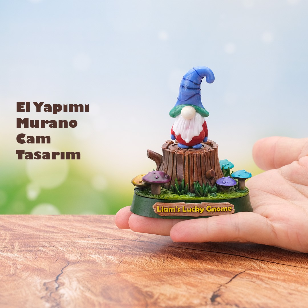 Cam Gnome (Cüce) Biblo – El Yapımı Mavi Şapkalı Orman Temalı Kütük ve Mantar Kaideli Dekoratif Obje