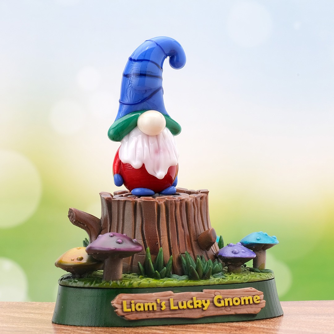 Cam Gnome (Cüce) Biblo – El Yapımı Mavi Şapkalı Orman Temalı Kütük ve Mantar Kaideli Dekoratif Obje