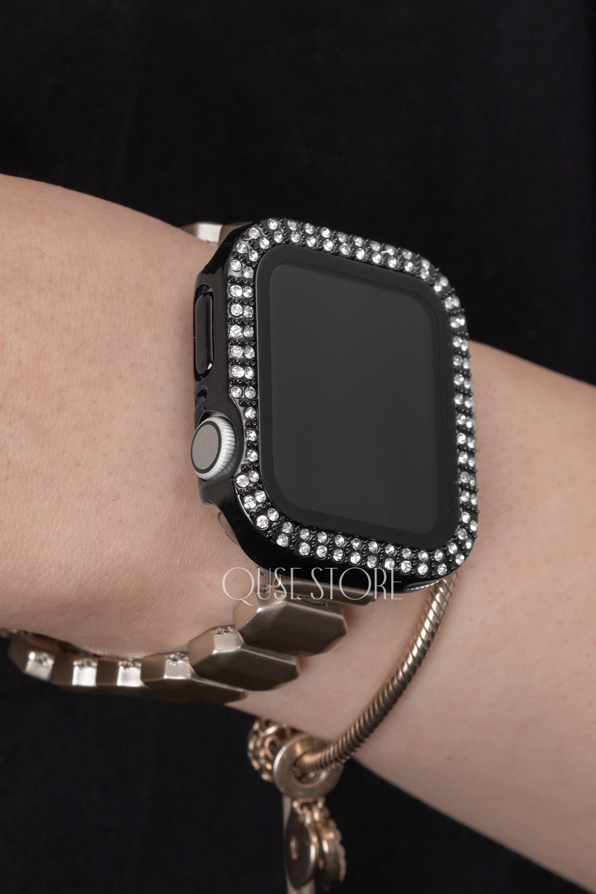 Apple Watch Uyumlu Kasa ve Ekran Koruyucu Kılıf – Siyah | Taşlı Model