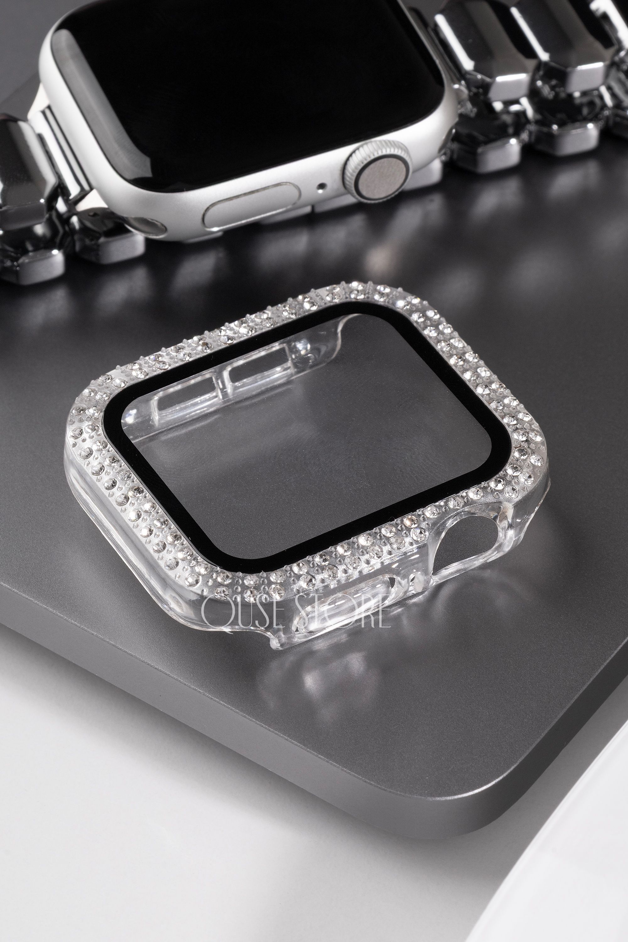 Apple Watch Uyumlu Kasa ve Ekran Koruyucu Kılıf – Şeffaf | Taşlı Model