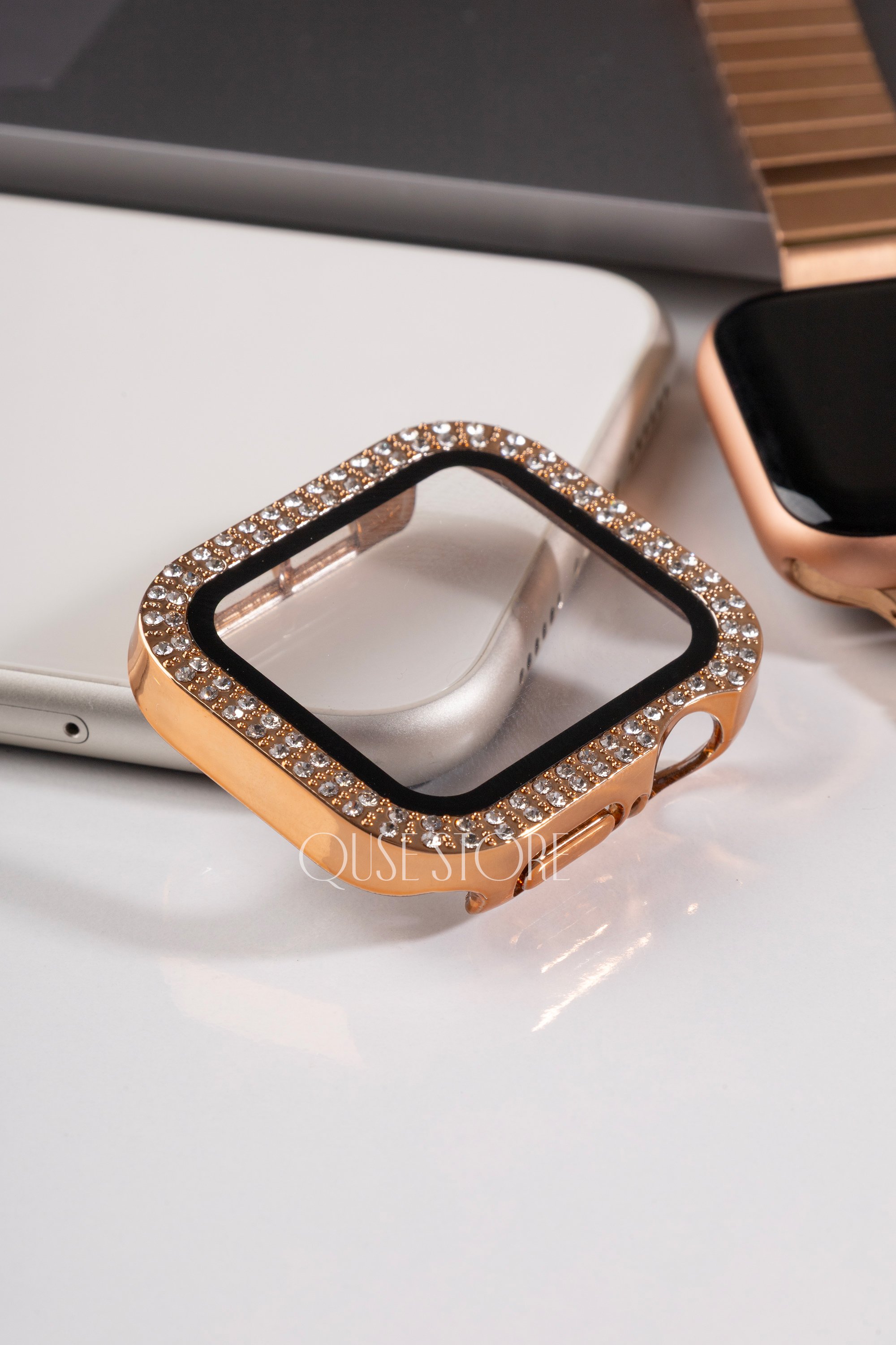 Apple Watch Uyumlu Kasa ve Ekran Koruyucu Kılıf – Rose Gold | Taşlı Model