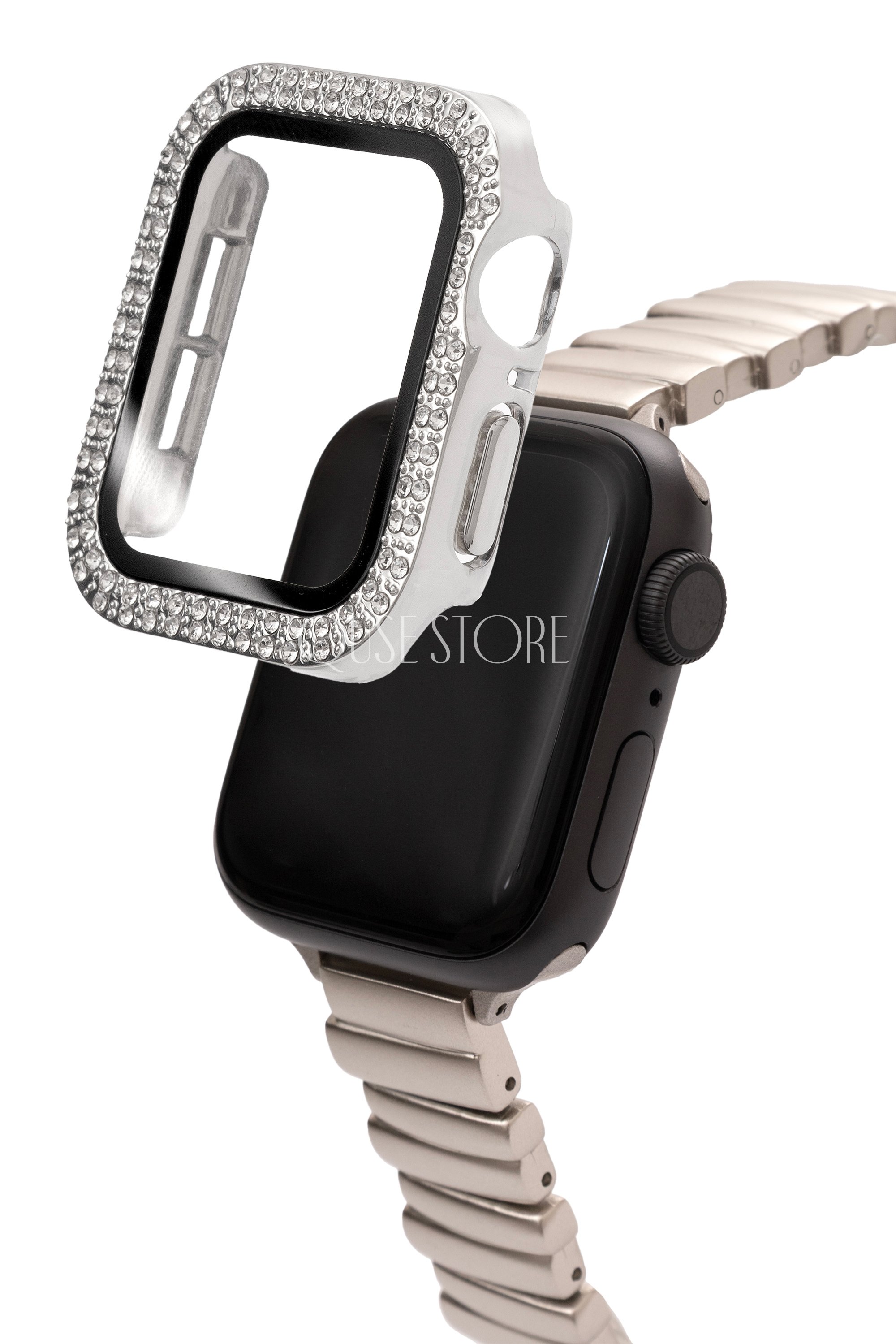 Apple Watch Uyumlu Kasa ve Ekran Koruyucu Kılıf – Gümüş | Taşlı Model