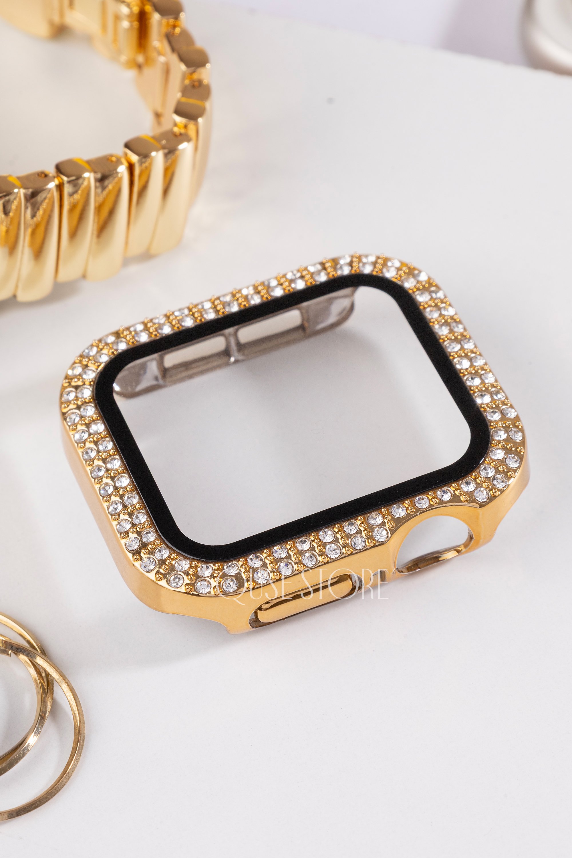 Apple Watch Uyumlu Kasa ve Ekran Koruyucu Kılıf – Gold | Taşlı Model