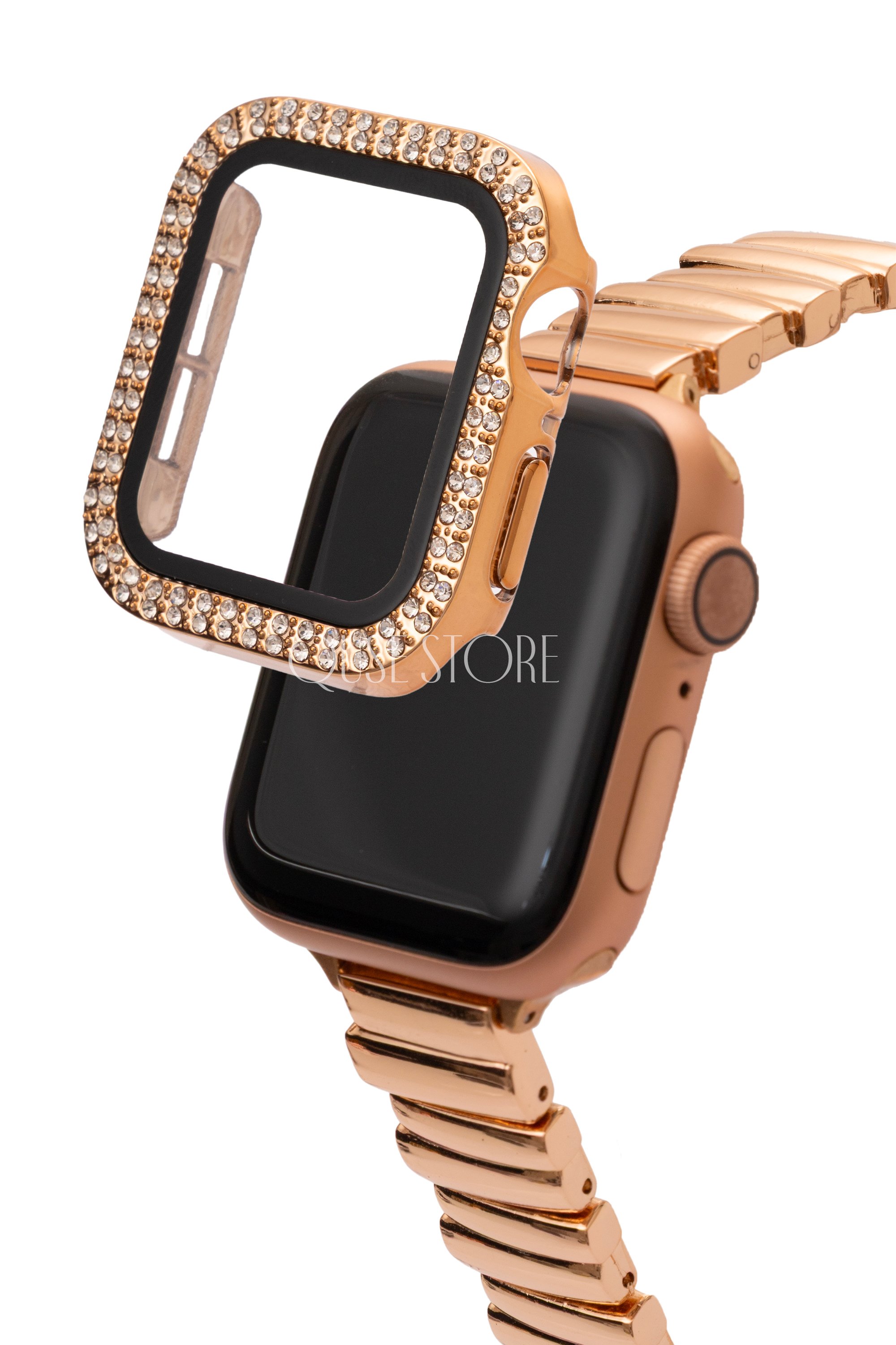 Apple Watch Uyumlu Kasa ve Ekran Koruyucu Kılıf – Rose Gold | Taşlı Model
