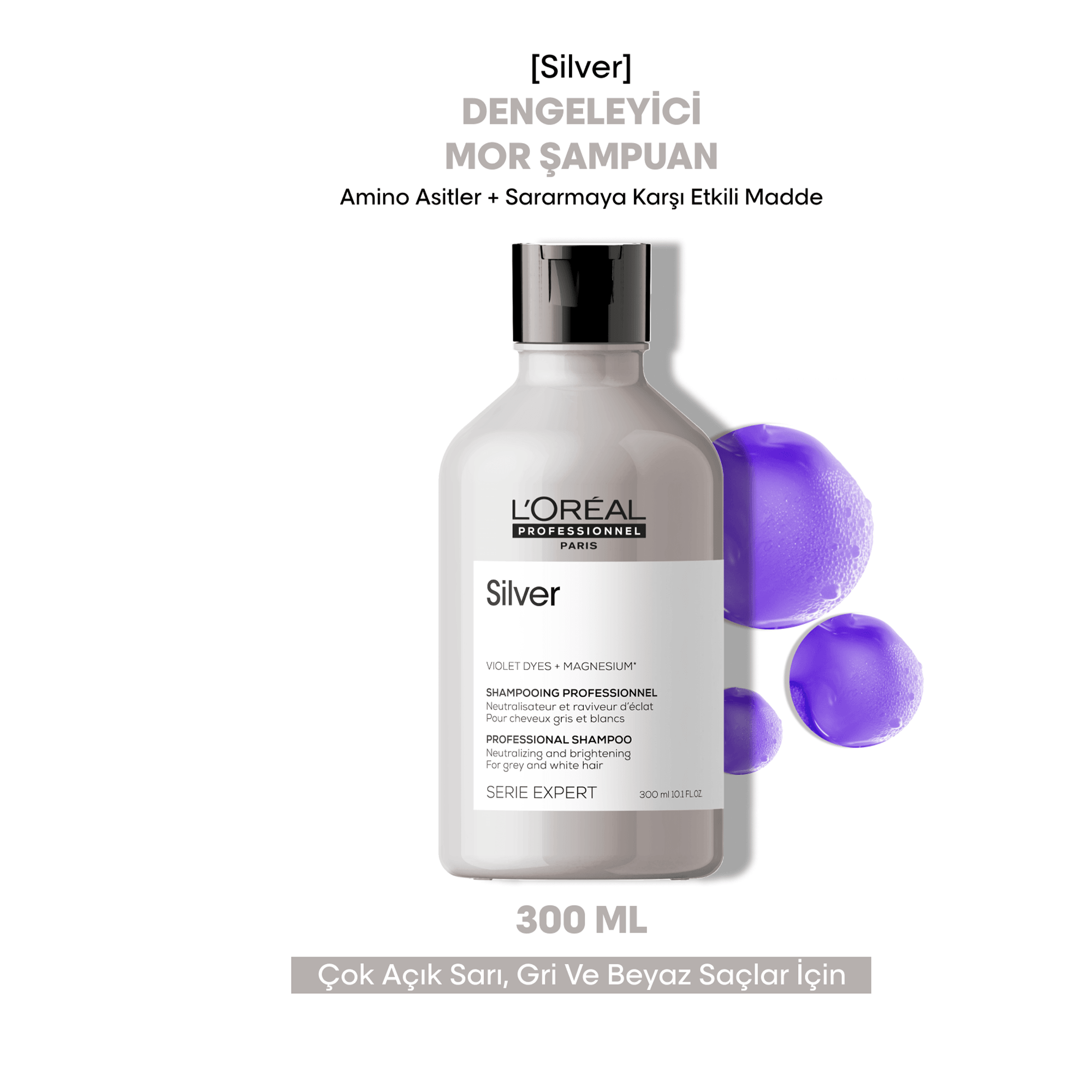 Loreal Professionnel Paris Serie Expert Silver Çok Açık Sarı, Gri ve Beyaz Saçlar için Renk Dengeleyici Mor Şampuan 300 ml