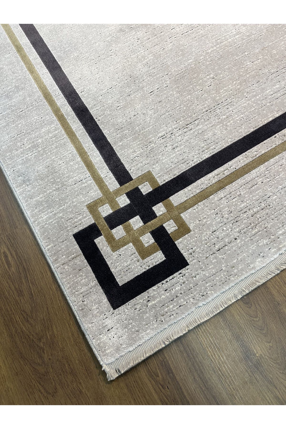 Antrasit Krem Gold Modern Desenli Naturel Viskon Salon Halısı 160x230