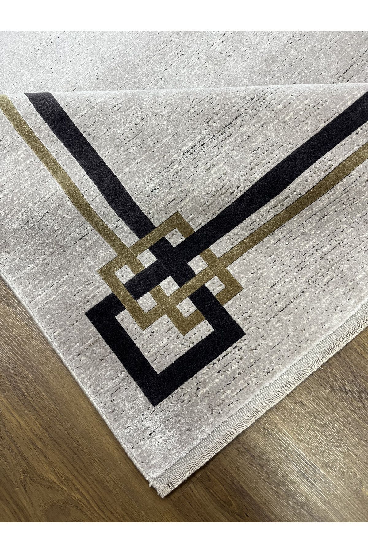 Antrasit Krem Gold Modern Desenli Naturel Viskon Salon Halısı 160x230