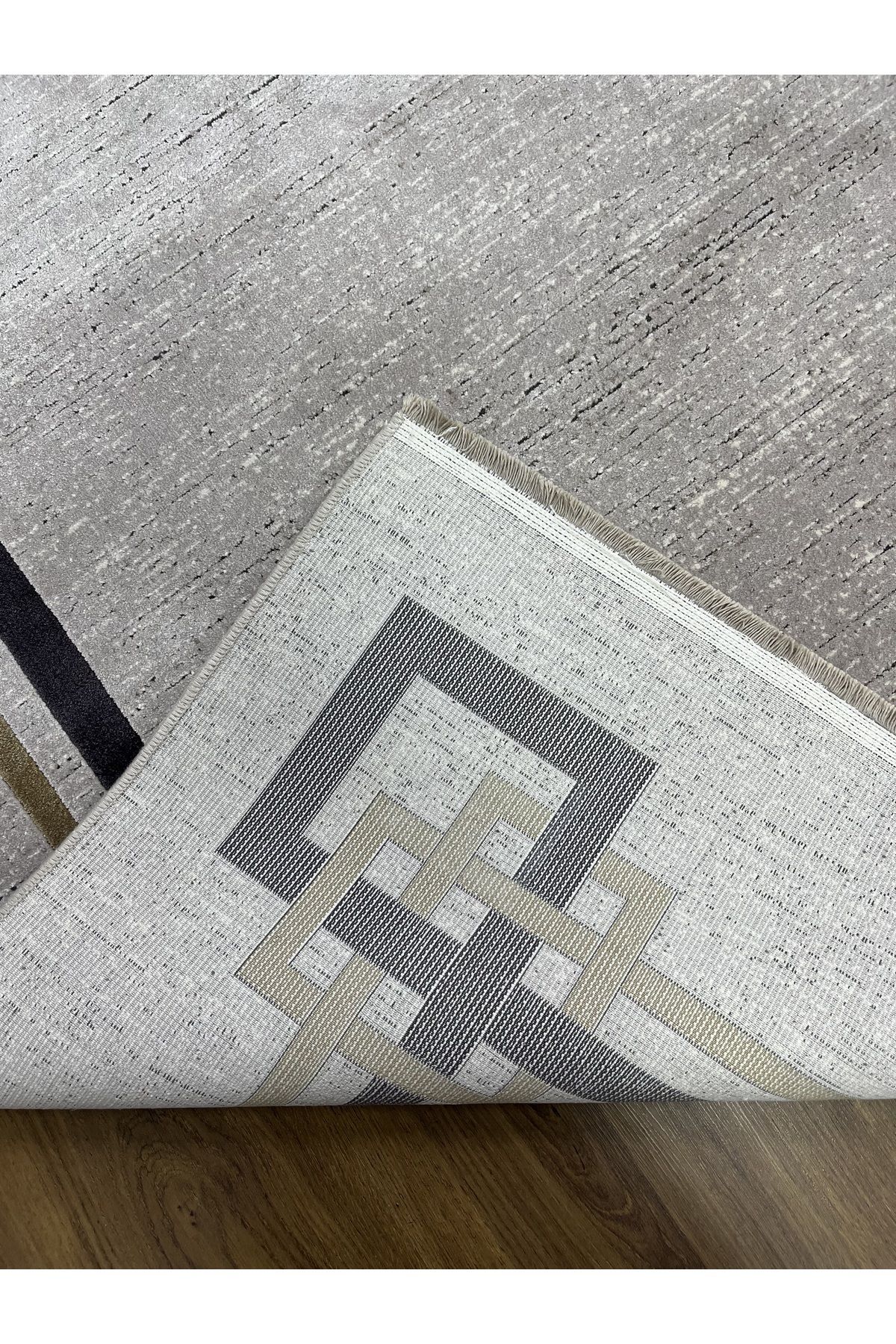 Antrasit Krem Gold Modern Desenli Naturel Viskon Salon Halısı 160x230