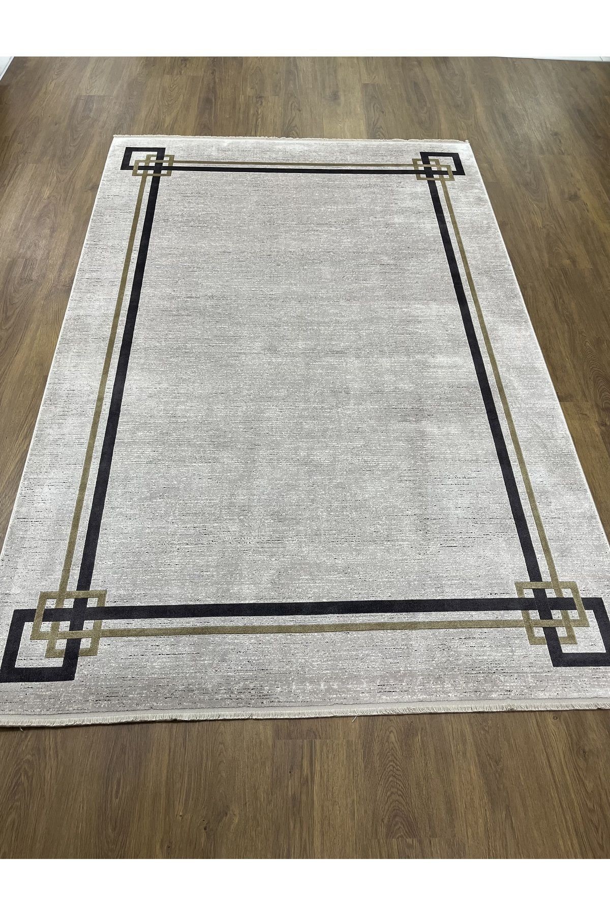 Antrasit Krem Gold Modern Desenli Naturel Viskon Salon Halısı 160x230
