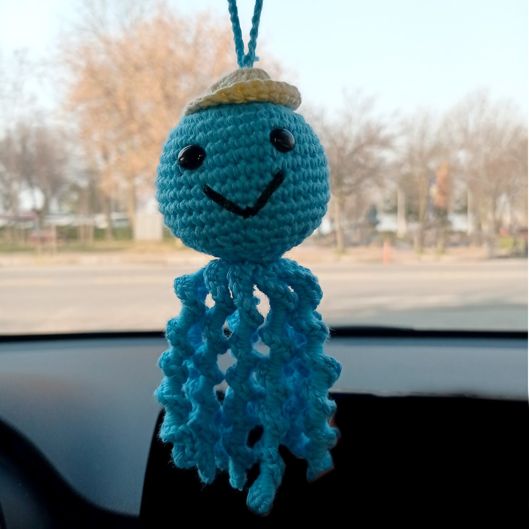 Amigurumi Sevimli Ahtapot Mavi El Emeği Araba Süsü Dikiz Aynası