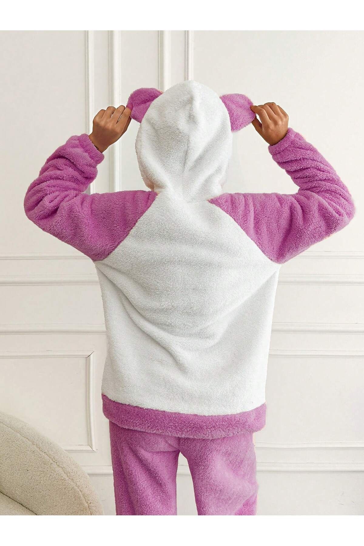 Kapüşonu Kulaklı Kedi Nakışlı Wellsoft Kadın Pijama Takımı LMR009