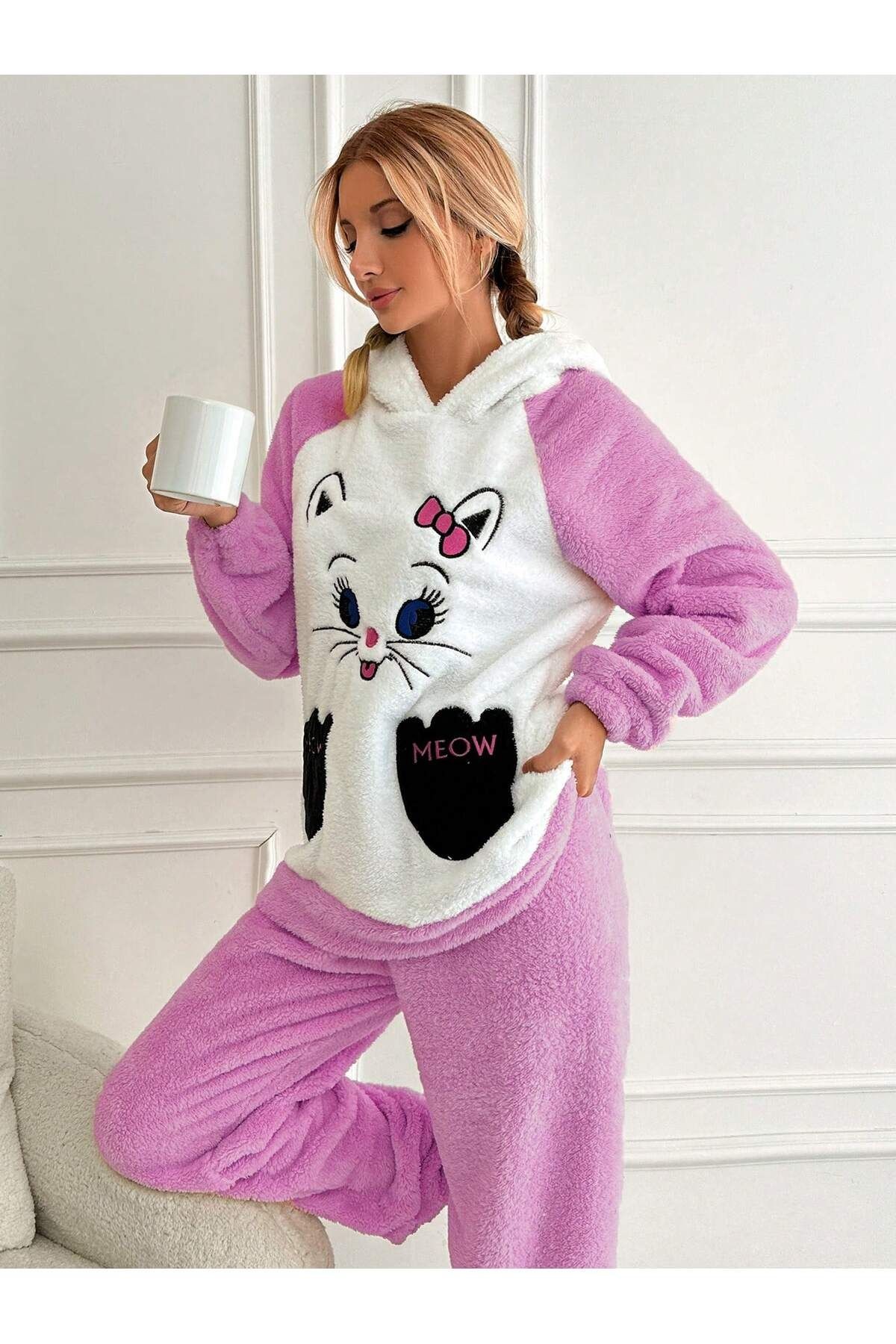 Kapüşonu Kulaklı Kedi Nakışlı Wellsoft Kadın Pijama Takımı LMR009