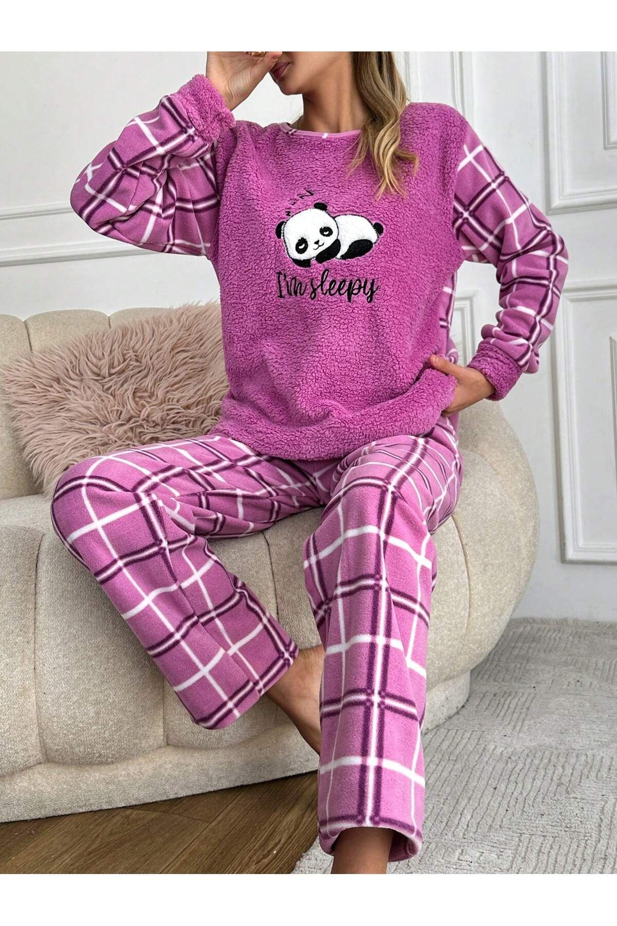 Panda Nakışlı Önü Wellsoft  Polar Kadın Pijama Takımı LMR008