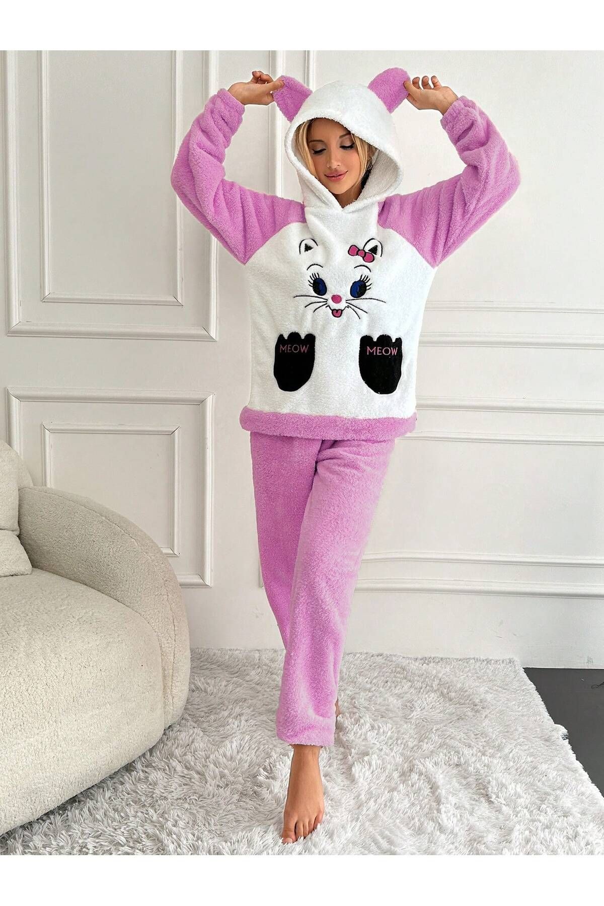 Kapüşonu Kulaklı Kedi Nakışlı Wellsoft Kadın Pijama Takımı LMR009