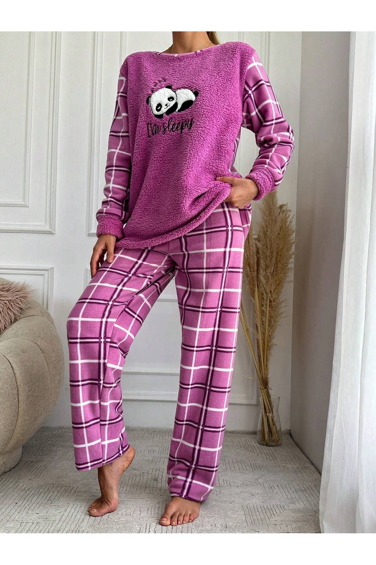 Panda Nakışlı Önü Wellsoft  Polar Kadın Pijama Takımı LMR008