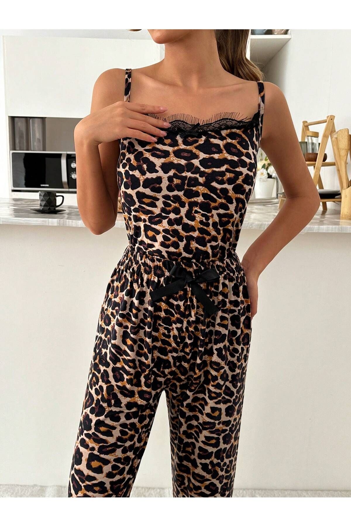 Dantel Detaylı Leopar Desenli 3’lü Gecelik-sabahlık Kadın Pijama Takımı Lmr002