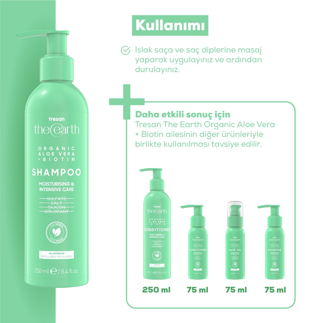 Organic Aloe Vera +Biotin Şampuan 250 ml + Saç Kremi 250 ml + Saç Yağı 75 ml