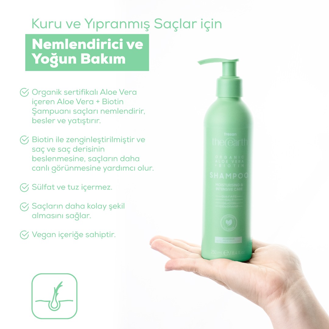 Organic Aloe Vera +Biotin Şampuan 250 ml + Saç Kremi 250 ml + Saç Yağı 75 ml