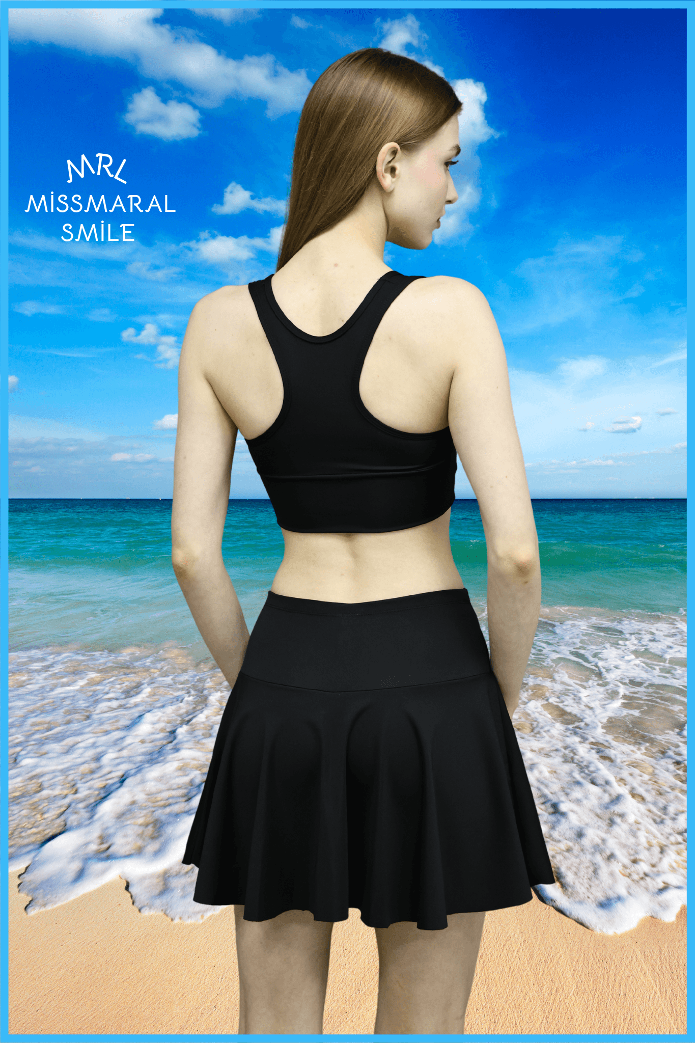 Siyah Yüksek Bel Plaj Giyim Şortlu Etek Skirt With Shorts Beach Wear & Tennis 110101