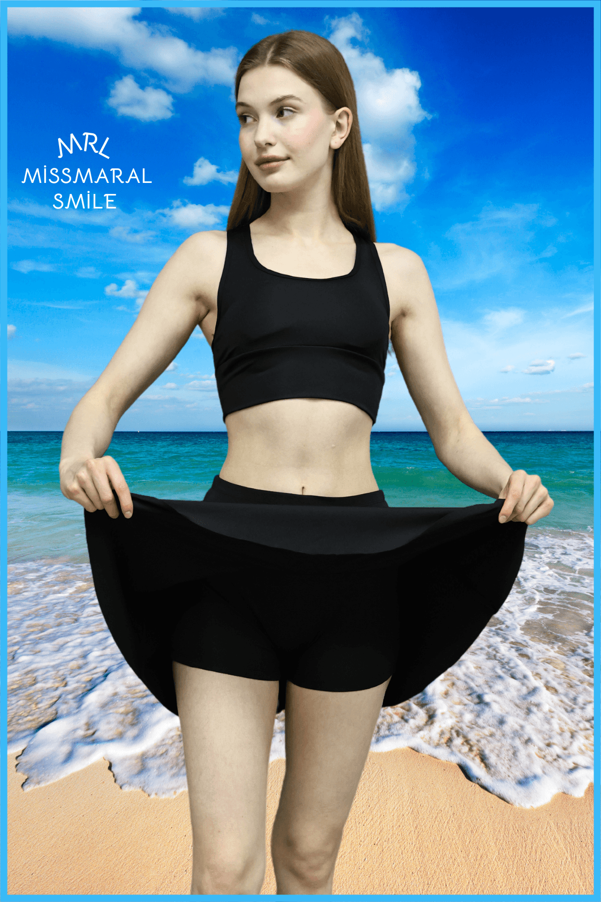 Siyah Yüksek Bel Plaj Giyim Şortlu Etek Skirt With Shorts Beach Wear & Tennis 110101