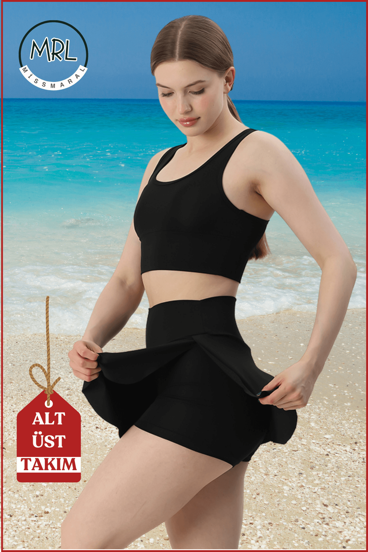 Alt-Üst Takım Şort & Crop Etek Görünümlü Şort Ve Ped Destekli Crop Deniz Havuz Spor Fitness