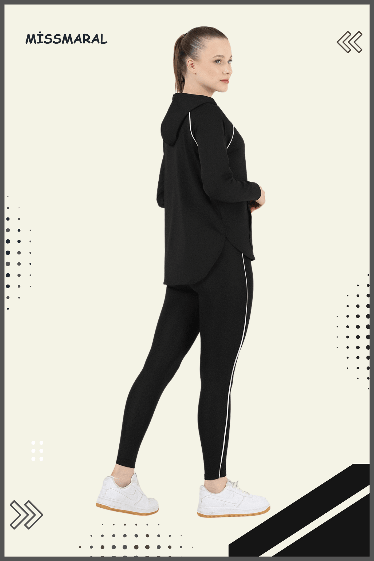 Kadın Eşofman Takım Spor Tunik & Slim Fit Tayt Dalgıç Kumaş Sports And Casual Siyah -beyaz 3060