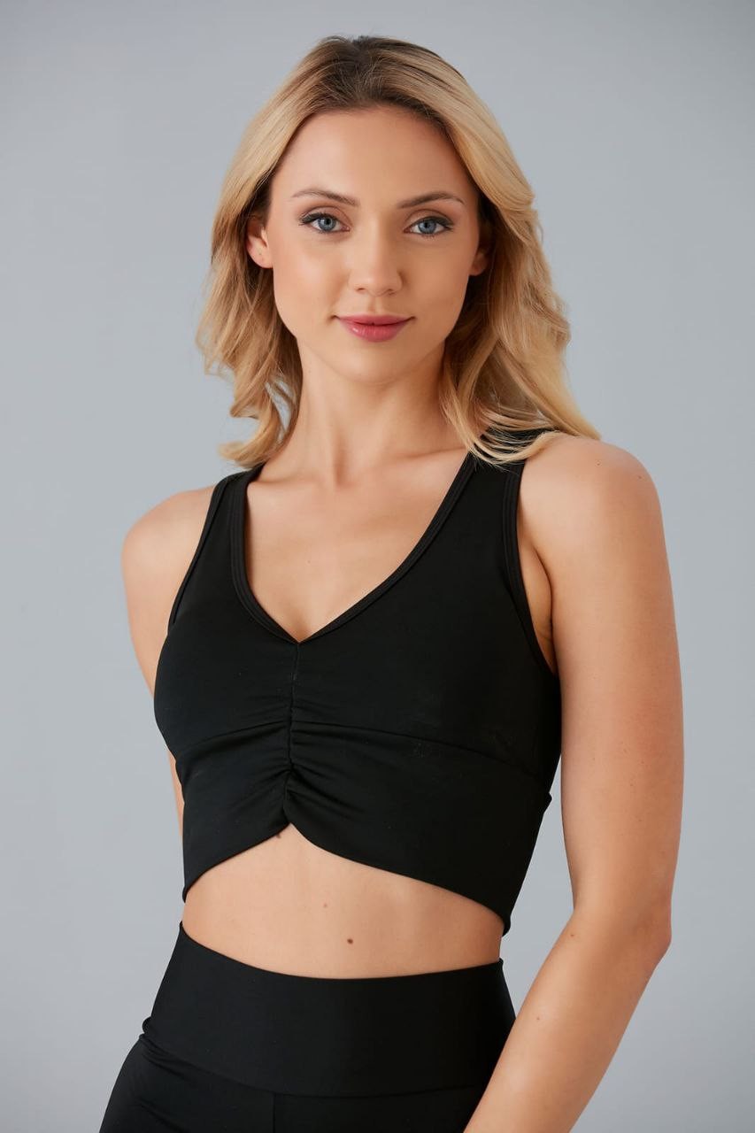 Siyah Hafif Destekli Kaplı Önü Büzgülü Crop Top Büstiyer Spor ve Günlük Kullanım 5101