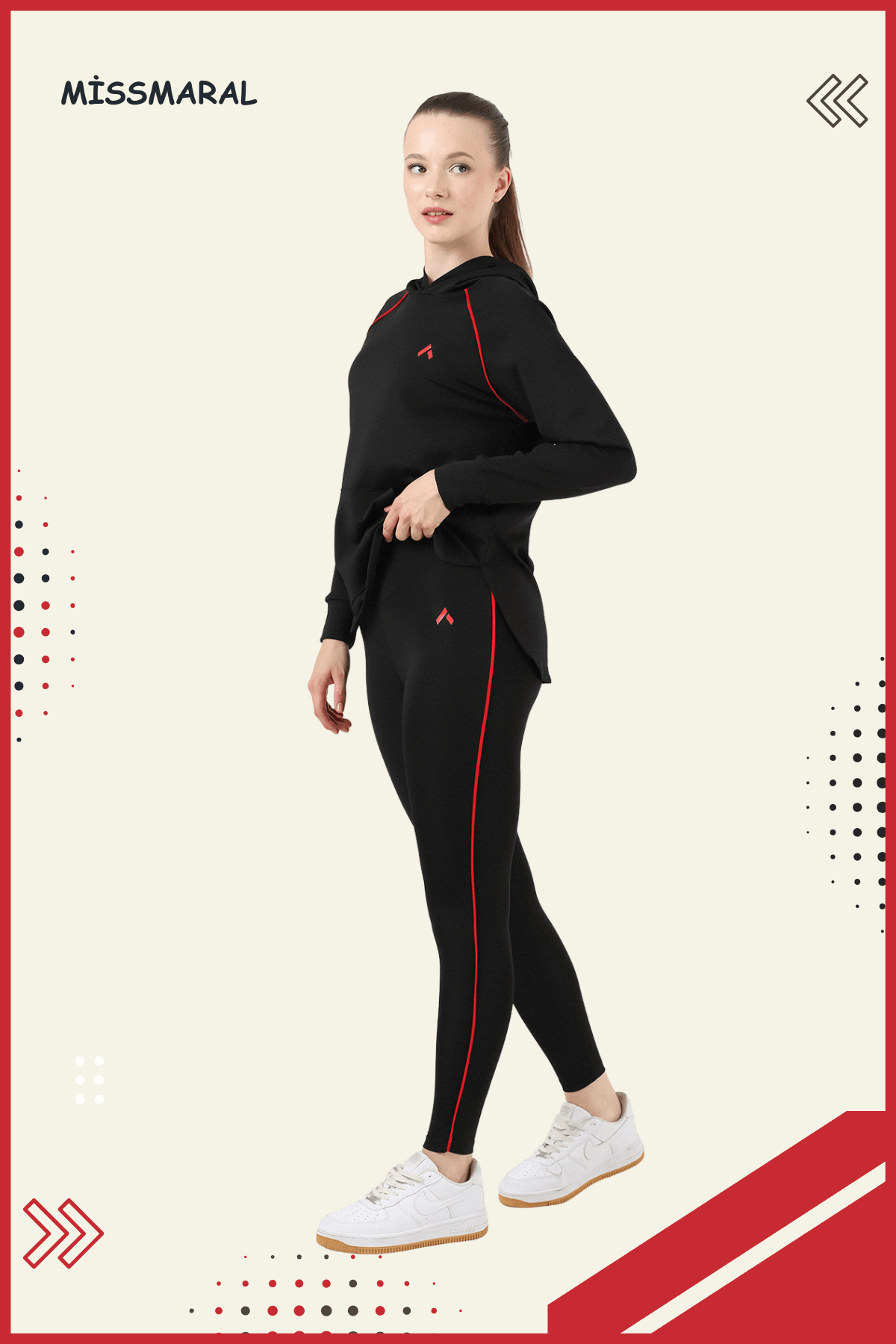 Kadın Eşofman Takım Spor Tunik & Slim Fit Tayt Dalgıç Kumaş Sports And Casual Siyah -kırmızı 3060