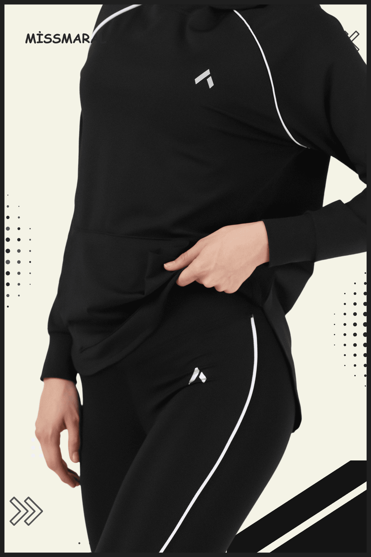 Kadın Eşofman Takım Spor Tunik & Slim Fit Tayt Dalgıç Kumaş Sports And Casual Siyah -beyaz 3060