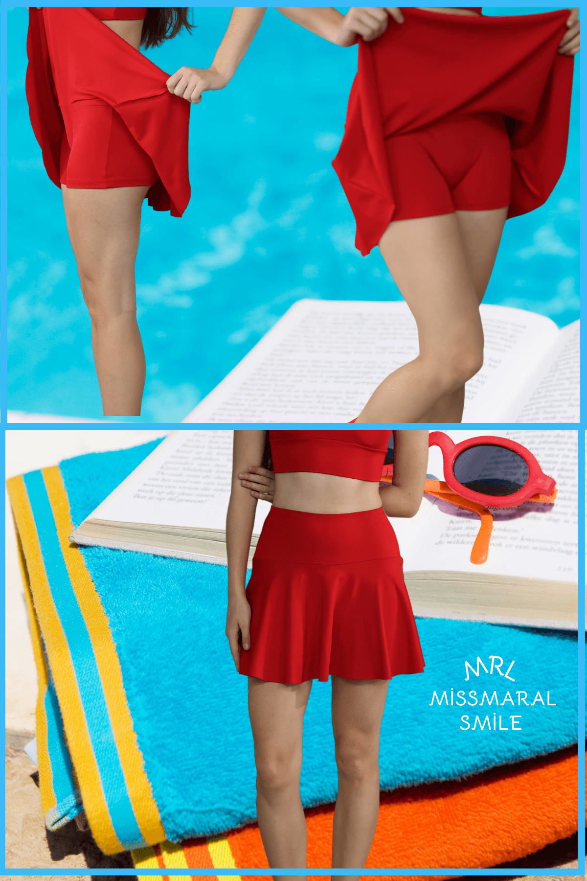 Kırmızı Şortlu Etek Yüksek Bel Havuz-deniz Spor Ve Günlük Kullanım Skirt With Shorts 4101