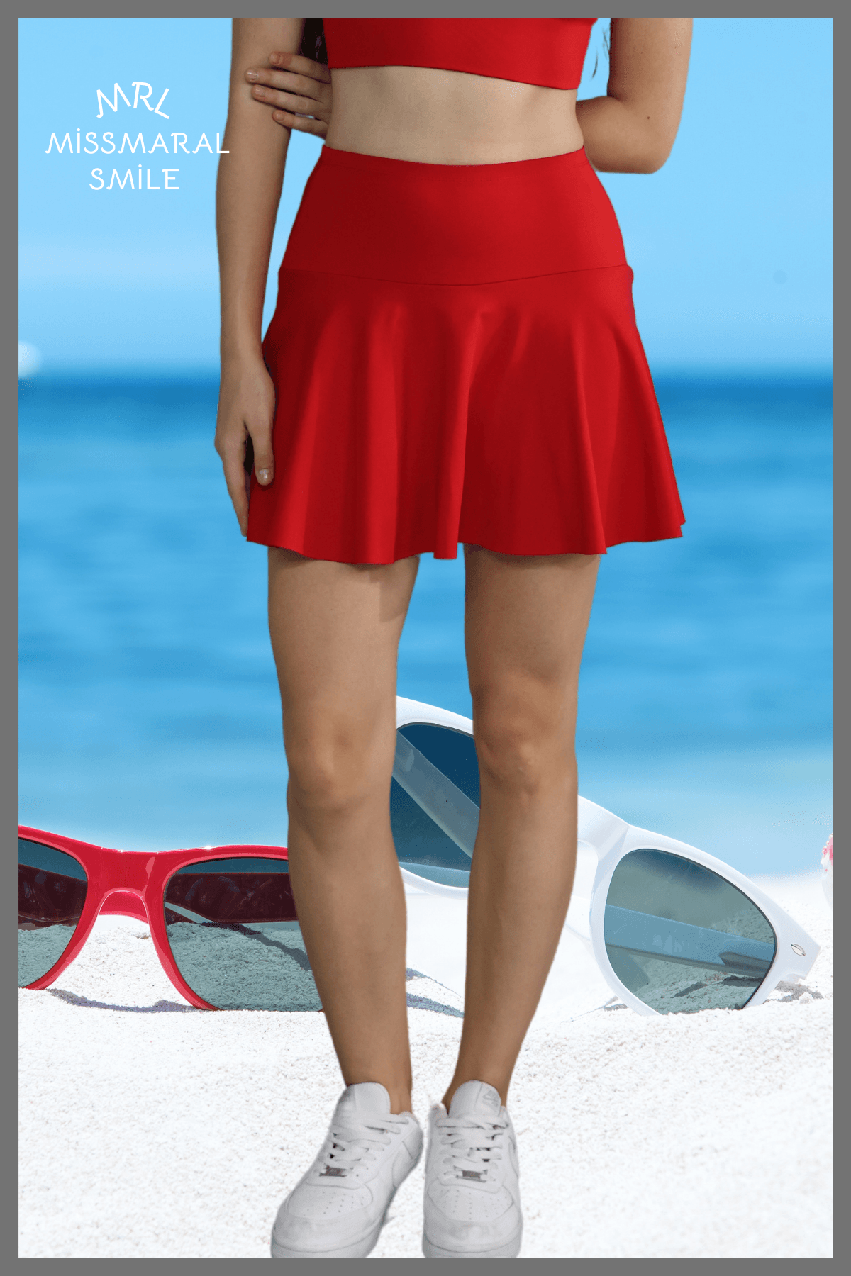 Kırmızı Şortlu Etek Yüksek Bel  Skirt With Shorts Casual+Beachwear+Tennis 110101