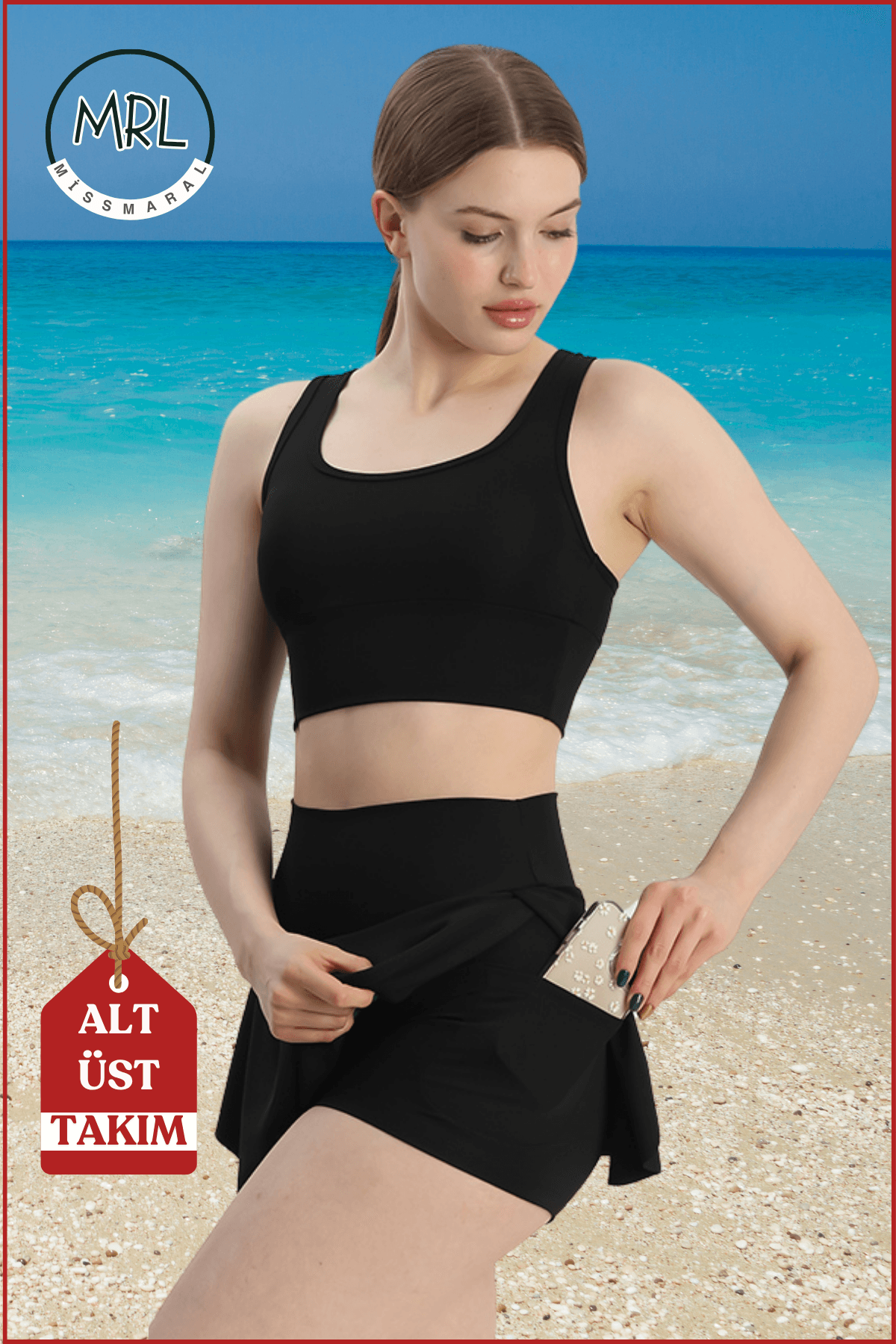Alt-Üst Takım Şort & Crop Etek Görünümlü Şort Ve Ped Destekli Crop Deniz Havuz Spor Fitness