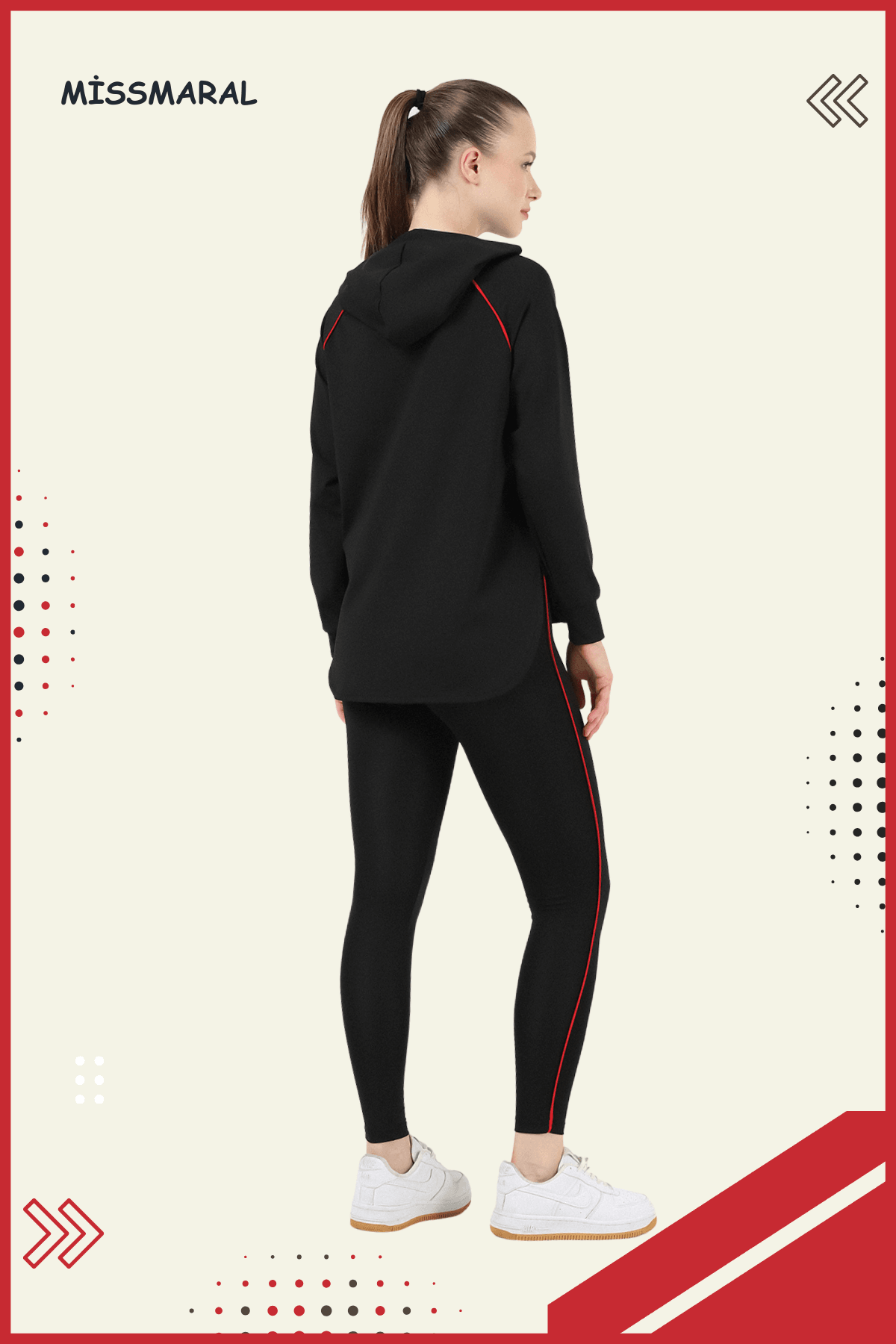 Kadın Eşofman Takım Spor Tunik & Slim Fit Tayt Dalgıç Kumaş Sports And Casual Siyah -kırmızı 3060