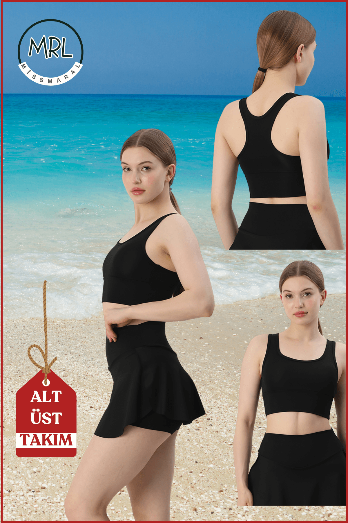 Alt-Üst Takım Şort & Crop Etek Görünümlü Şort Ve Ped Destekli Crop Deniz Havuz Spor Fitness