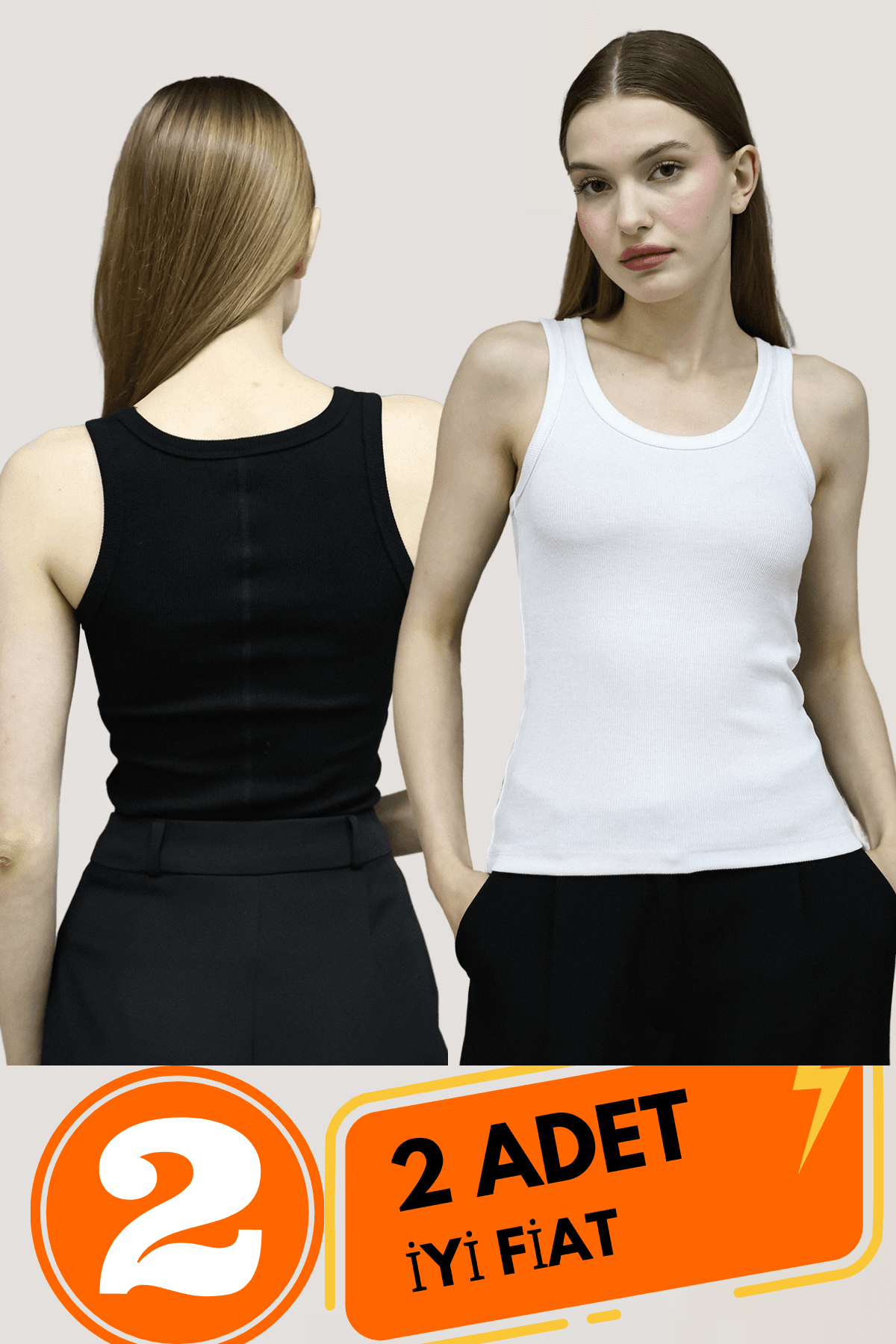 Lıllesol Kadın Siyah Ve Beyaz 2li Paket Fitilli Görünümlü Kalın Askılı Basic Pamuklu Atlet Camisole