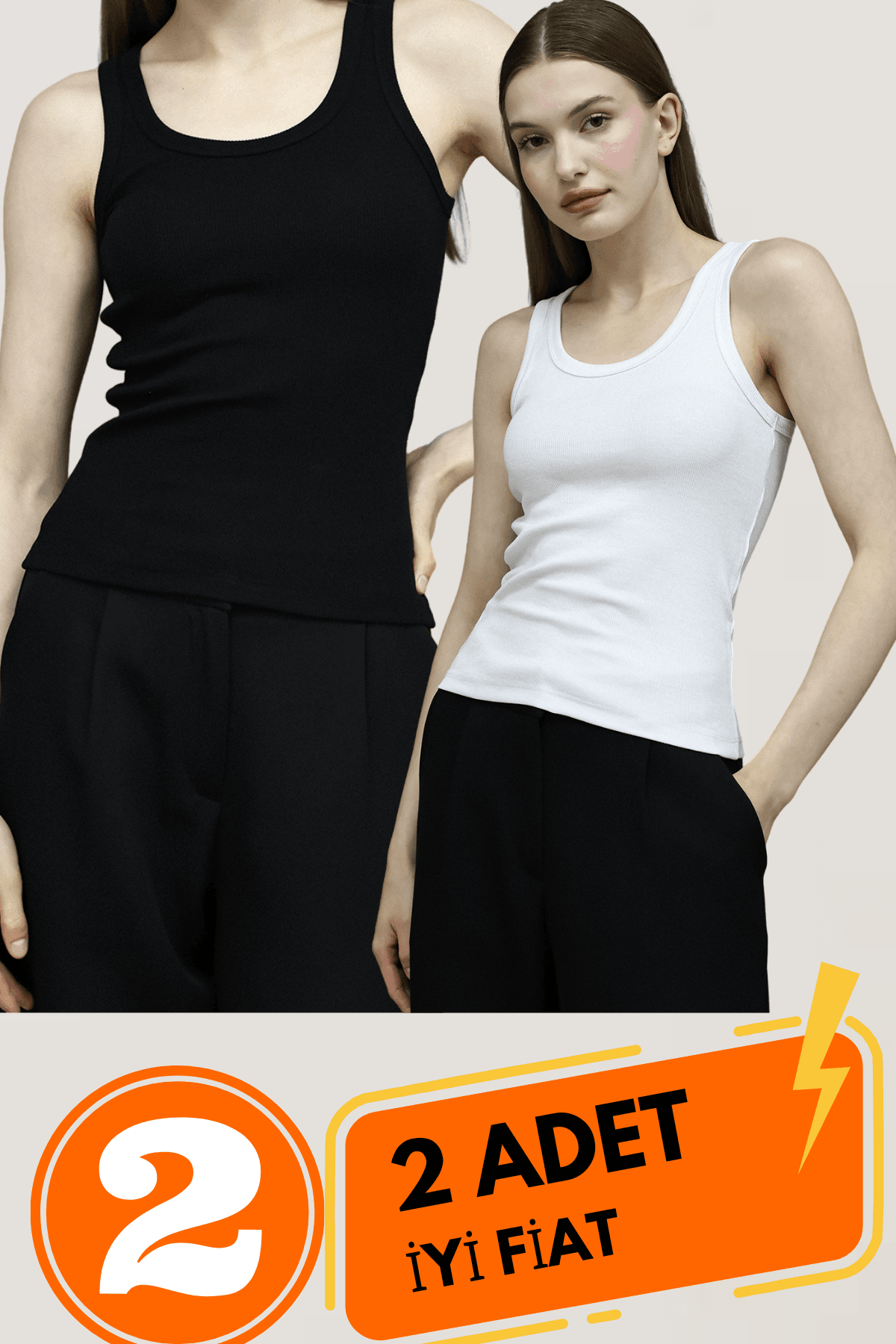 Lıllesol Kadın Siyah Ve Beyaz 2li Paket Fitilli Görünümlü Kalın Askılı Basic Pamuklu Atlet Camisole