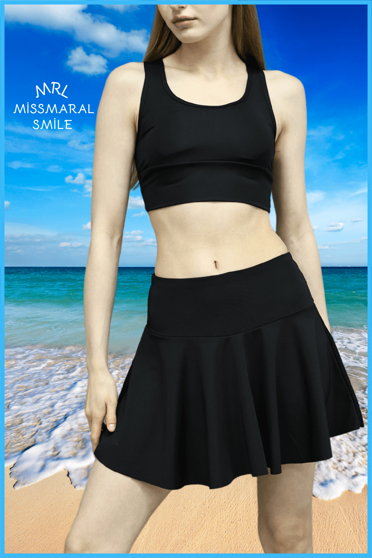 Siyah Yüksek Bel Plaj Giyim Şortlu Etek Skirt With Shorts Beach Wear & Tennis 110101