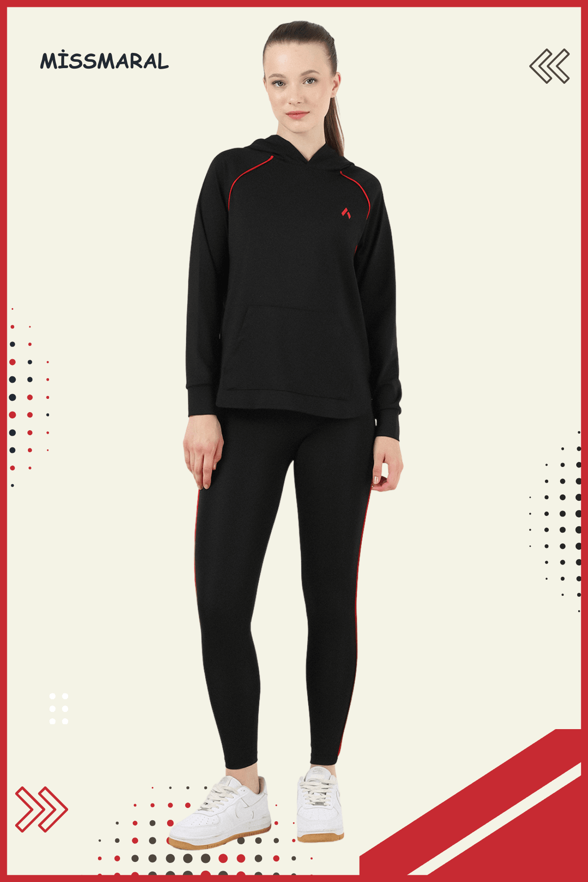 Kadın Eşofman Takım Spor Tunik & Slim Fit Tayt Dalgıç Kumaş Sports And Casual Siyah -kırmızı 3060