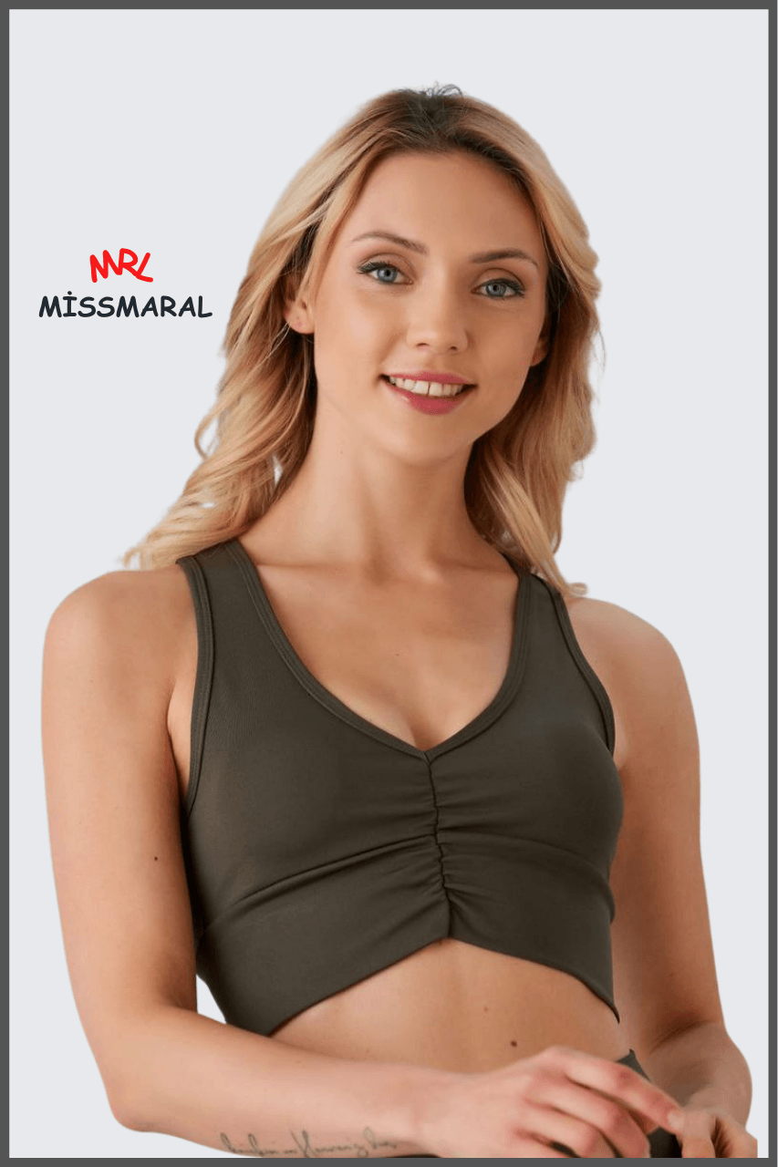 Hafif Destekli Kaplı Önü Büzgülü Crop Top Büstiyer Haki Spor ve Günlük Kullanım 5101