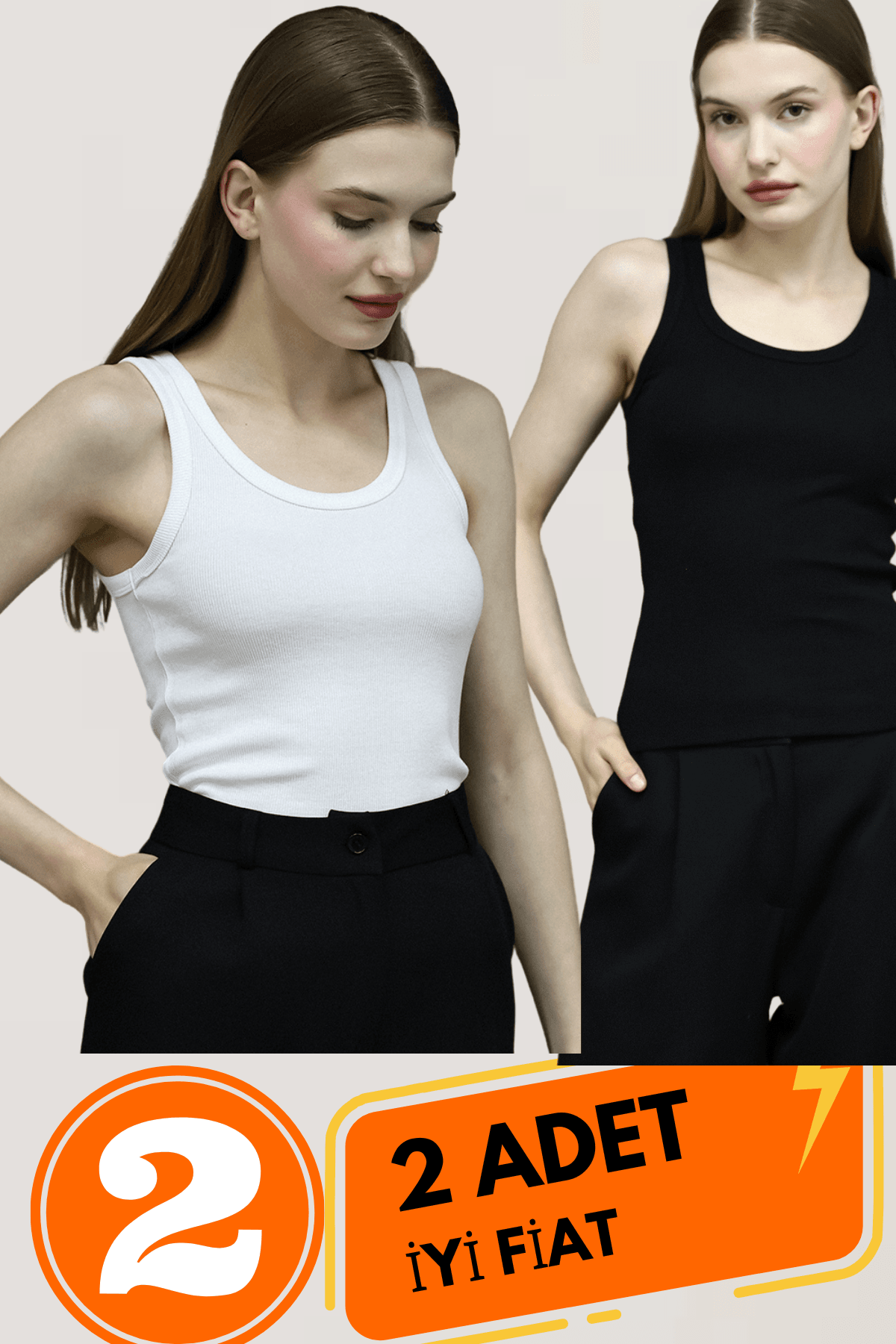 Lıllesol Kadın Siyah Ve Beyaz 2li Paket Fitilli Görünümlü Kalın Askılı Basic Pamuklu Atlet Camisole